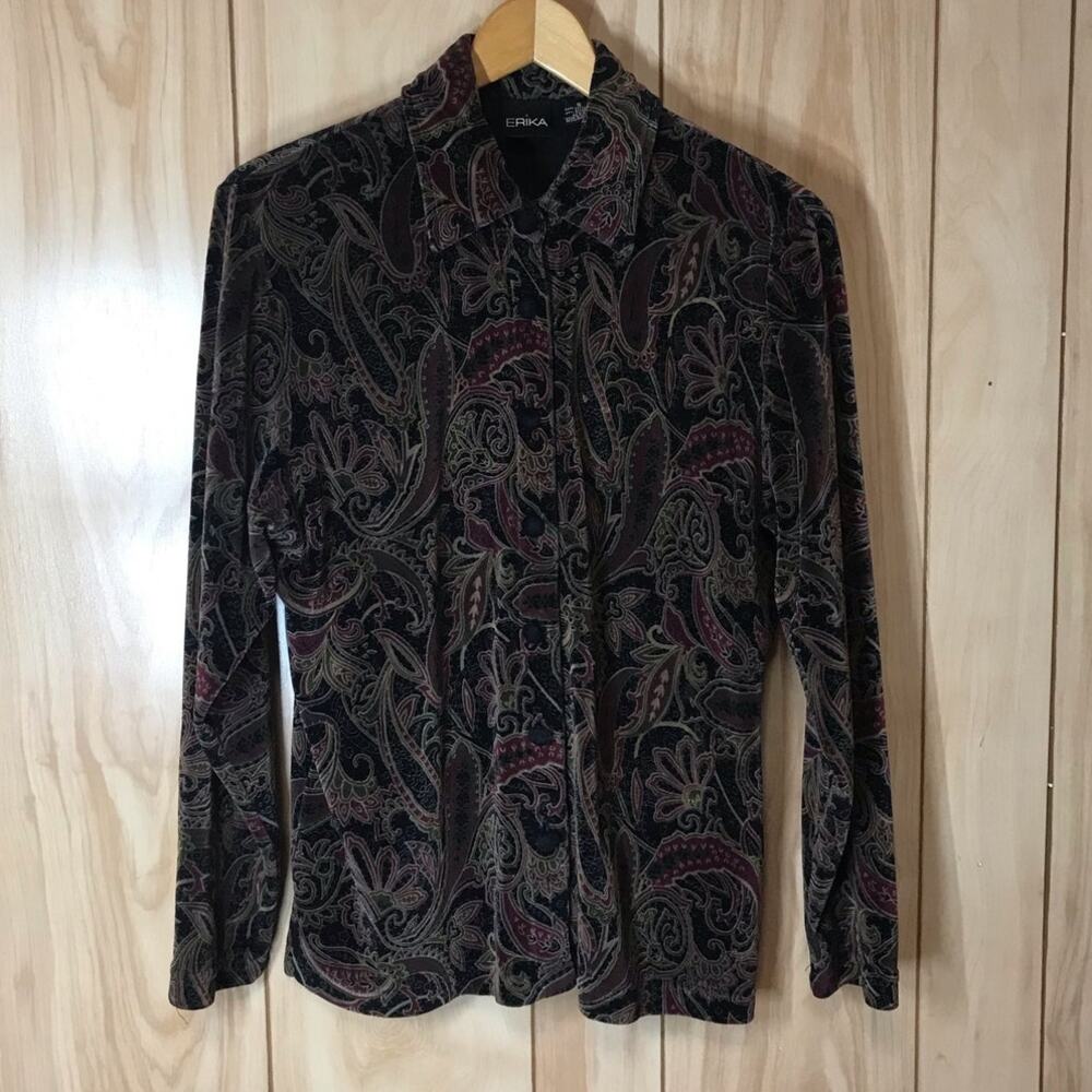 ERIKA Whimsigoth Retro Black Paisley Plush Velvet Collared Blouse S